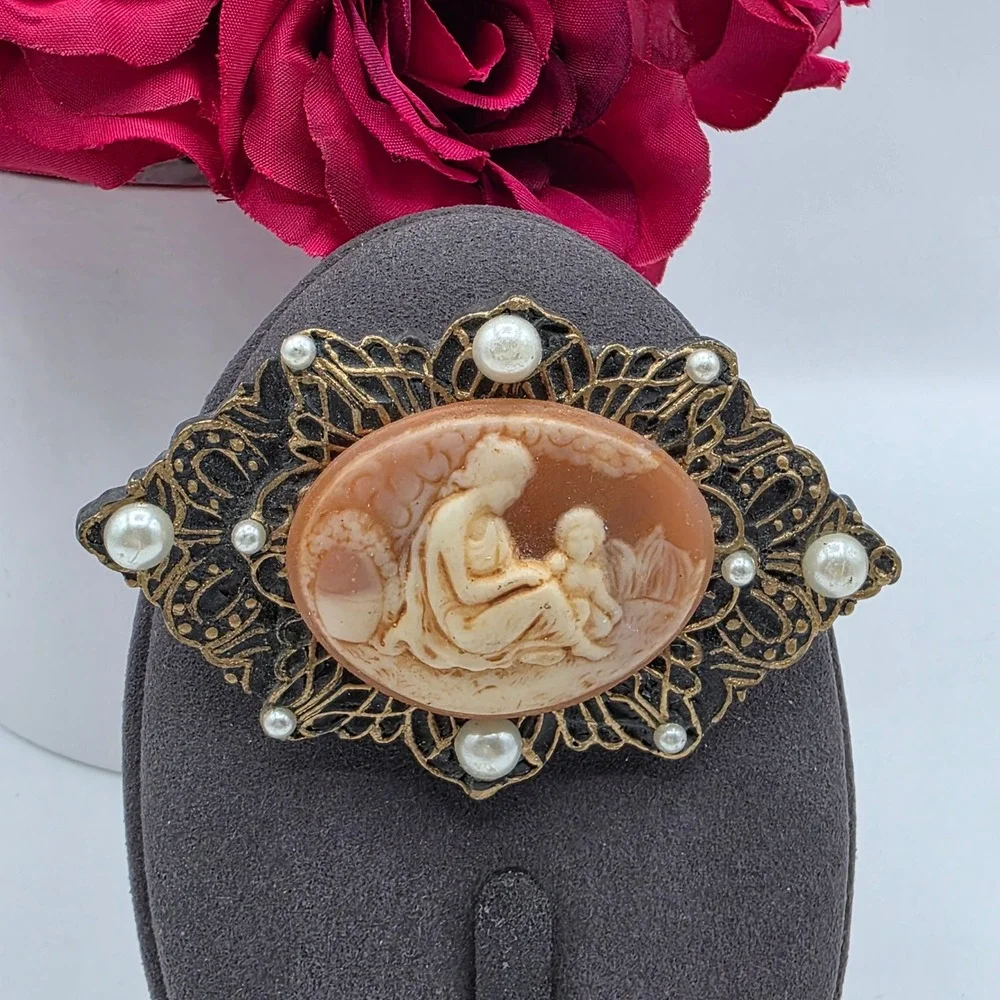 Vintage Style Mother and Child Cameo Brooch Gold Tone Faux Pearl Filigree Pin